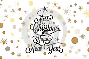 Merry Christmas and happy new year calligraphic lettering with balck tree and golden stars on white background - Vector greeting