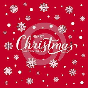 Merry Christmas and Happy New Year calligraphy hand lettering with snowflakes on red background. Holidays quote hand written with