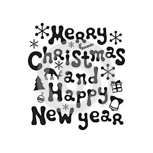 Merry Christmas and happy New Year. Calligraphy phrase. Handwritten brush seasons lettering. Xmas phrase. Hand drawn