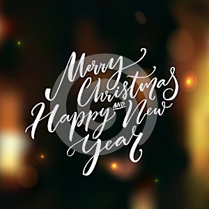Merry Christmas and Happy New Year calligraphy text on dark vector background with lights and bokeh. Greeting card