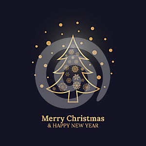 Merry Christmas and Happy New Year card with Christmas tree and gold snowflakes on dark blue background.