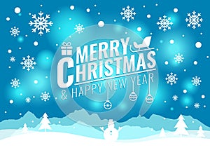 Merry Christmas and happy new year card - Christmas tree and snow snowman on blue light background vector design