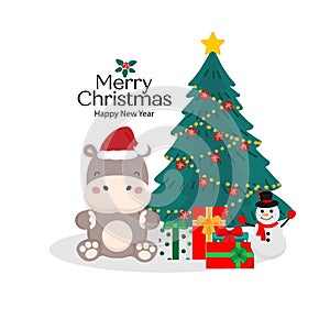 Merry Christmas and Happy New Year card. Cute Hippo in santa hat cartoon.