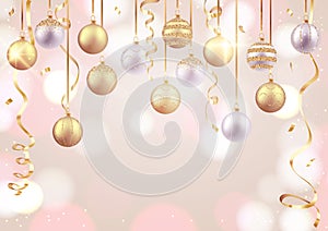 Merry Christmas and Happy New Year card, decorative balls on soft background