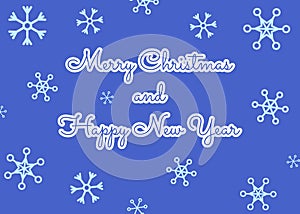 Merry Christmas and Happy New Year, card with different snowflakes. Postcard in blue winter tones. Print for seasonal