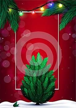 Merry Christmas and Happy New Year card with empty space for your text and Christmas tree, pine branches, snow and sparkling