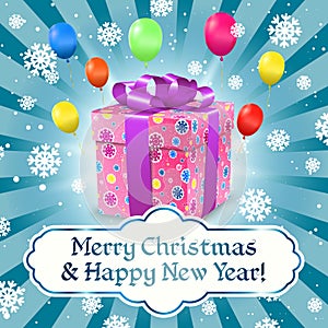 Merry Christmas and Happy New Year card with gift box, snowflakes, balloons and ribbon bow.