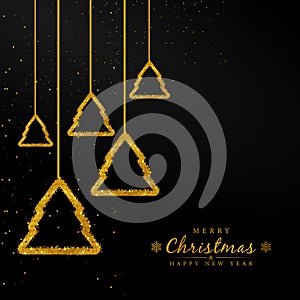 Merry Christmas and Happy New Year card with gold ornament decoration of golden ball and gold glitter on luxury black background