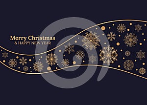 Merry Christmas and Happy New Year card with gold snowflakes on dark blue background.