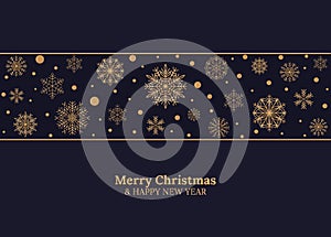 Merry Christmas and Happy New Year card with gold snowflakes on dark blue background. Vector Illustration. Merry