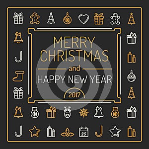 Merry Christmas and Happy New Year Card. Golden and Silver Colour Outlines on Black Background. Luxury Trendy Line Design.