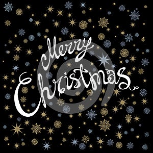 Merry Christmas and Happy New Year card with hand drawn lettering and stars on dark background. Cute Holiday background