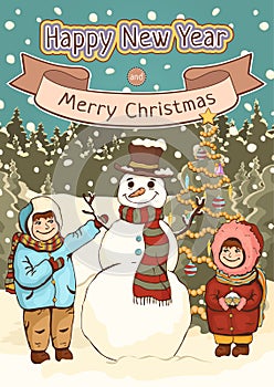 Merry Christmas and Happy New Year card, poster, cartoon colorful drawing, vector illustration, holiday background. Cute boy, girl