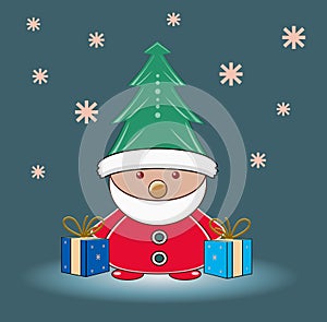 Merry Christmas and Happy New Year card. Santa Claus with gifts. Vector