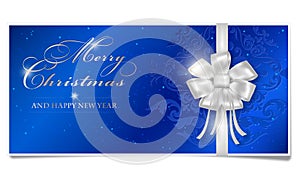 Merry Christmas and Happy New Year card with shiny silver bow