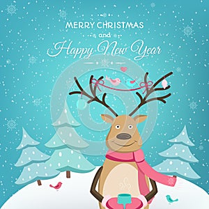 Merry Christmas Happy New Year card template deer
