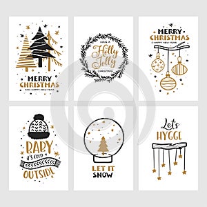 Merry Christmas and Happy New Year cards set. Vector vintage illustration.