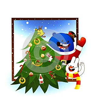 Merry Christmas and Happy New Year. Cartoon characters congratulate. Postcard