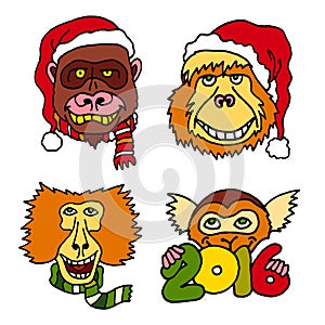 Merry Christmas and Happy New 2016 Year cartoon icons with monkeys