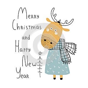 Merry Christmas and happy new year. Cartoon moose, hand drawing lettering, decor elements. holiday theme. Colorful vector illustra