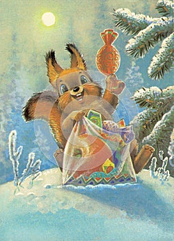 Merry Christmas and Happy New Year. Cartoon squirrel congratulates. Postcard