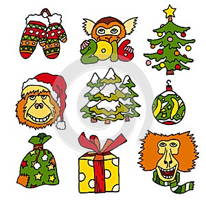 Merry Christmas and Happy New 2016 Year cartoon vecot icons with monkeys and presents