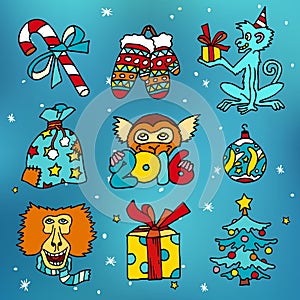 Merry Christmas and Happy New 2016 Year cartoon vector icons with monkeys and presents.