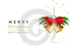 Merry Christmas and Happy New Year, celebration background, gold bells hanging and confetti falling decoration with star sparkle
