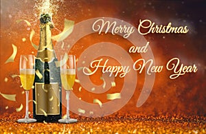 Merry Christmas and Happy New Year, celebration background with two glasses and champagne with gretings