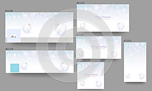 Merry Christmas and Happy New Year Celebration Header, Poster and Template Design with Realistic Baubles on White Snowflake