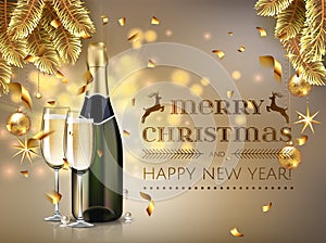 Merry Christmas and happy new year champagne bottle with glass in realistic style. Greeting card or elegant holiday
