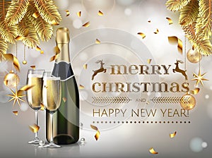 Merry Christmas and happy new year champagne bottle and glasses stock vector illustration in realistic style. Greeting