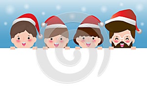 Merry Christmas, Happy new year, cheerful group of friends wearing christmas hats holding big signboard in Christmas snow scene