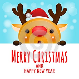 Merry Christmas and Happy new year, cheerful of reindeer wearing christmas hats holding big sign board in Christmas snow scene