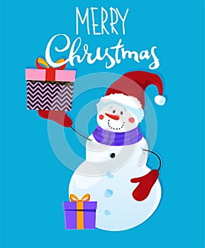 Merry Christmas and Happy New Year. Cheerful snowman with gifts and in a Santa hat on a blue background with the inscription.