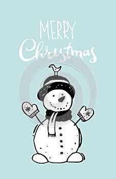 Merry christmas and happy new year. A cheerful snowman in mittens, a scarf and a hat on a blue background with the