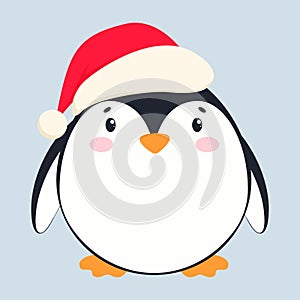 Merry Christmas and Happy New Year. Children's illustration with a penguin. Cute penguin in santa hat isolated on white