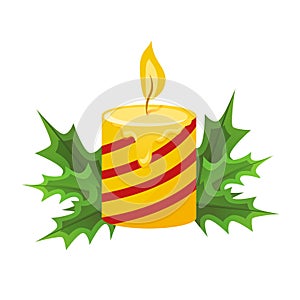 Merry christmas and happy New Year. Christmas candle with flame.