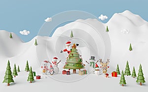 Merry Christmas and Happy New Year, Christmas celebration with Santa Claus and friend at the snow mountain