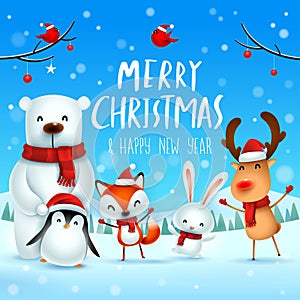 Merry Christmas and Happy New Year! Christmas Cute Animals Character. Happy Christmas Companions.