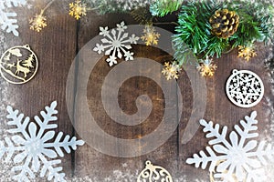 Merry Christmas and happy New year. Christmas decoration design on wooden background with candy bowl.the composition of Christmas