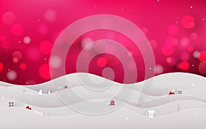 Merry christmas and Happy new year. Christmas landscape, tree and snow on Red bokeh background. paper art and digital craft style