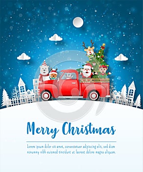 Merry Christmas and Happy New Year, Christmas postcard of Santa Claus and friend with red car in the village, Paper art style
