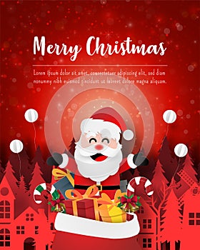 Merry Christmas and Happy New Year, Christmas postcard of Santa Claus with gift bag in town