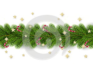 Merry Christmas and Happy New Year. Christmas Tree Branches Decorated with Golden Stars and Candy Canes. Holiday Decoration