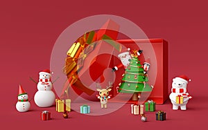 Merry Christmas and Happy New Year, Christmas tree in gift box with Christmas ornament, Celebration with Santa Claus and friend