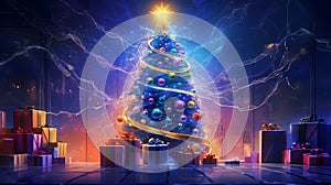 Merry Christmas and Happy New Year.The Christmas Tree Legend. Greeting Card. Fiction Backdrop.