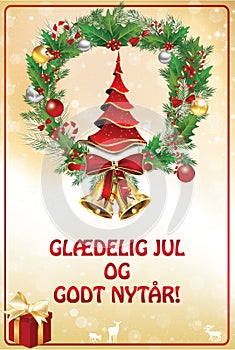 Merry Christmas and Happy New Year - classic greeting card with Norwegian text