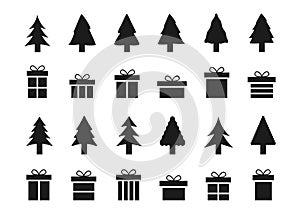 Merry Christmas and Happy New Year. Collection of fir trees, gift boxes and snowflakes. Black and white design. Simple signs,