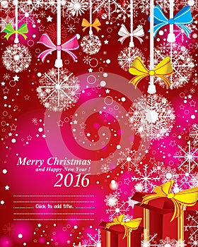Merry Christmas and Happy New Year 2016. With the color full snow on the red background